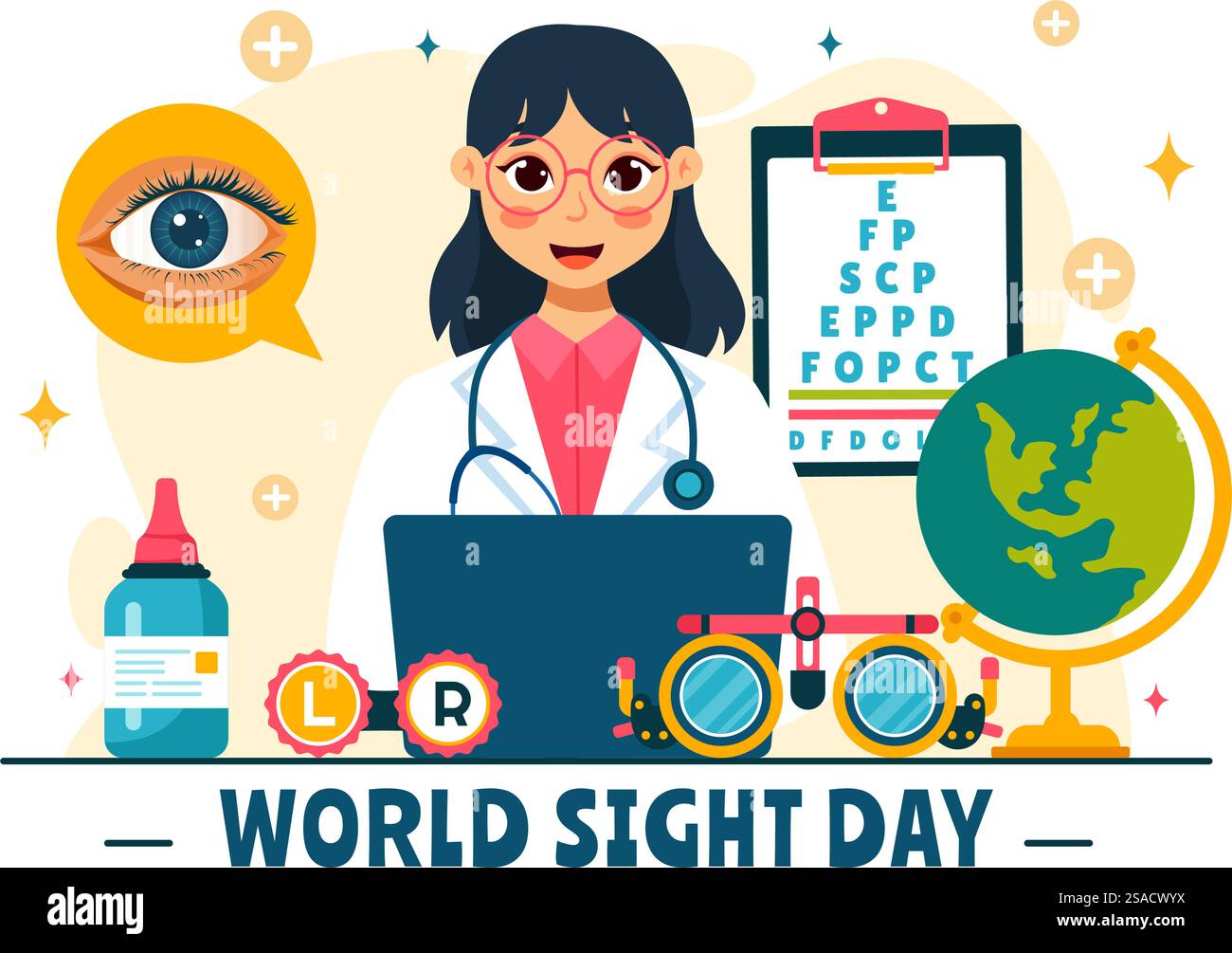 Illustrazione vettoriale della giornata mondiale della vista del 10 ottobre, con ispezione visiva, cecità e compromissione visiva su sfondo di cartone animato in stile piatto Illustrazione Vettoriale