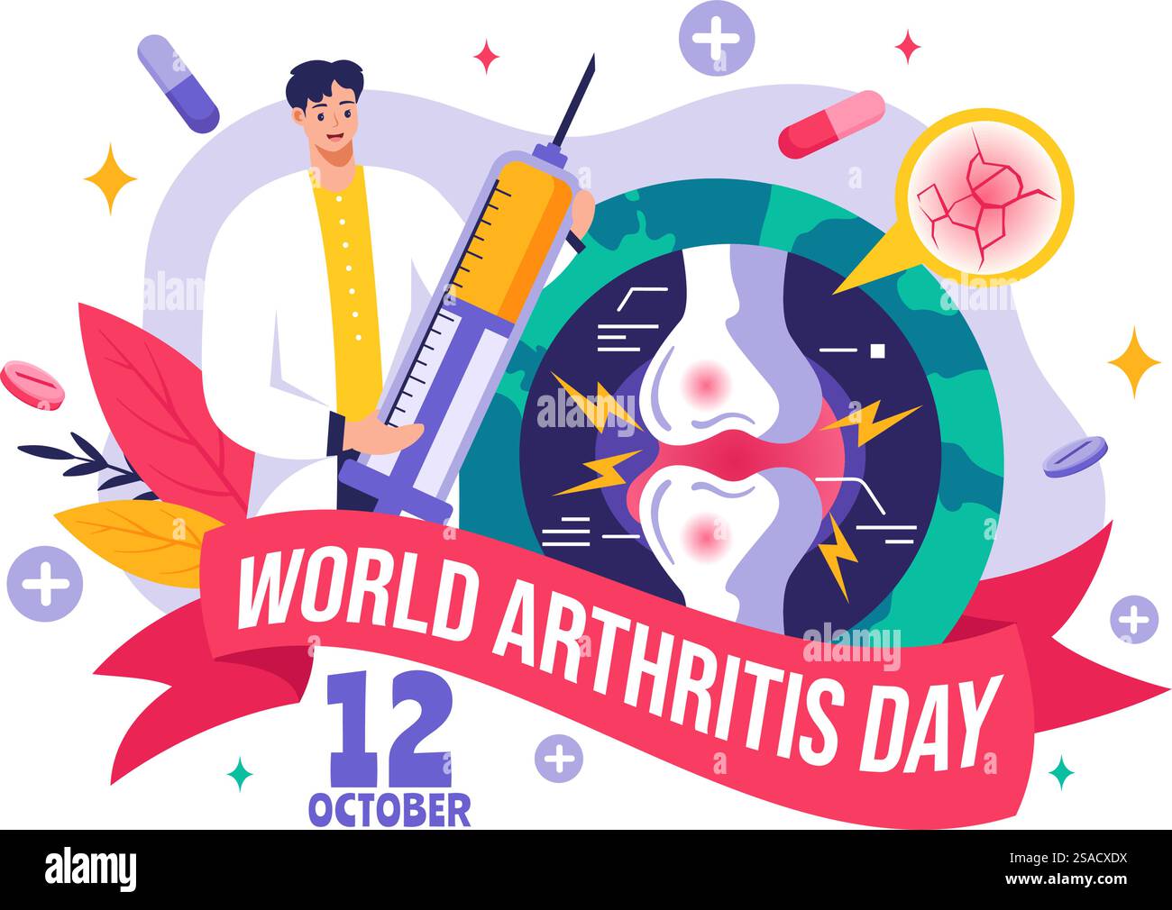Illustrazione vettoriale della giornata mondiale dell'artrite per il 12 ottobre, con trattamento medico per reumatismi e osteoartrite, con una scansione a raggi X e osso Illustrazione Vettoriale
