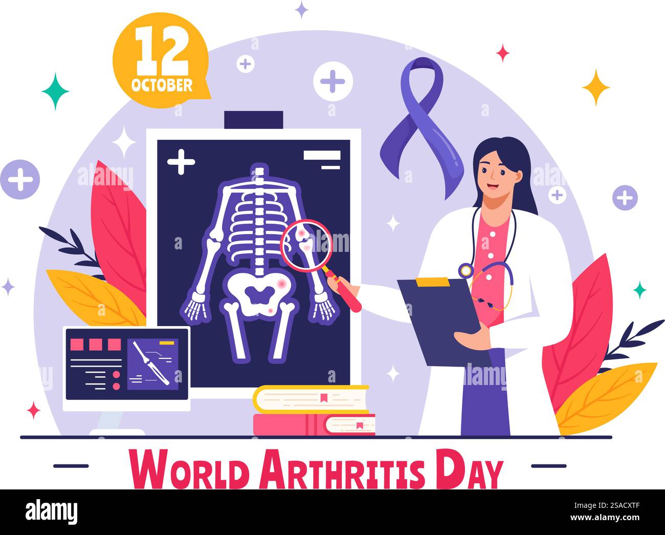 Illustrazione vettoriale della giornata mondiale dell'artrite per il 12 ottobre, con trattamento medico per reumatismi e osteoartrite, con una scansione a raggi X e osso Illustrazione Vettoriale