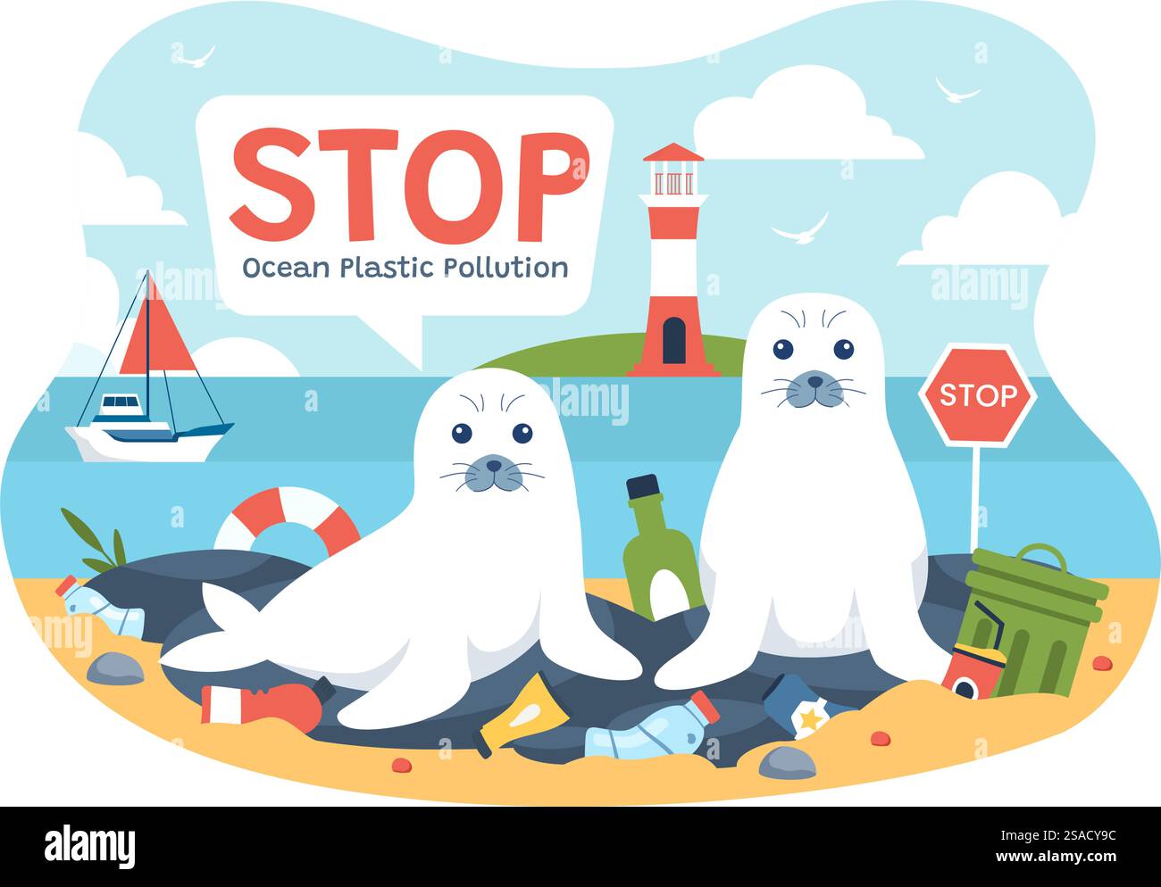 Ferma l'illustrazione dei vettori di inquinamento in plastica dell'oceano con Trash Under the Sea Like a Waste Bags and Bottles, danneggiando l'ecosistema delle barriere coralline e dei pesci Illustrazione Vettoriale