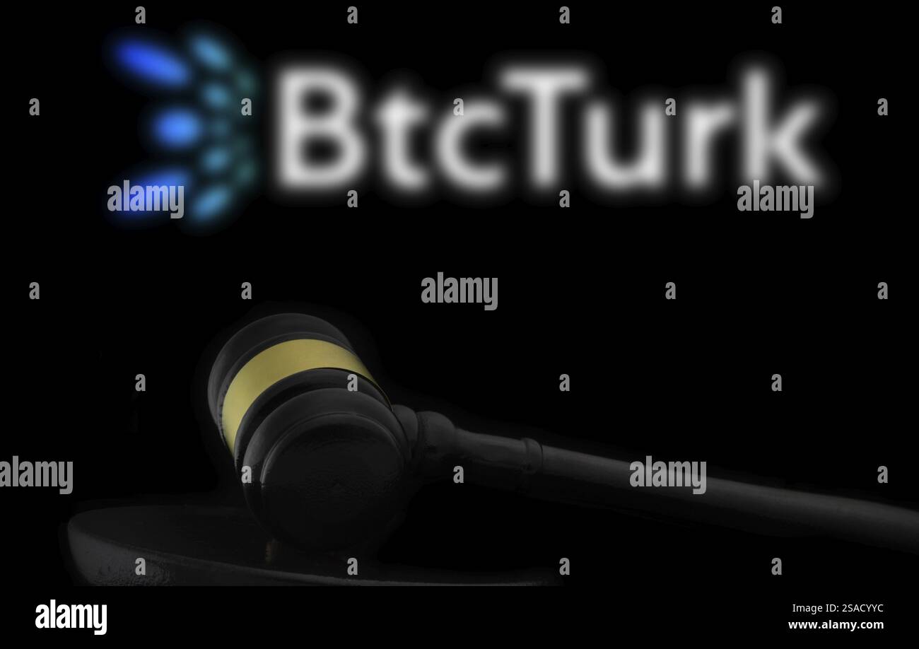 Martelletto di fronte al logo BtcTurk. BtcTurk è la più grande piattaforma di trading di criptovalute della Turchia Foto Stock