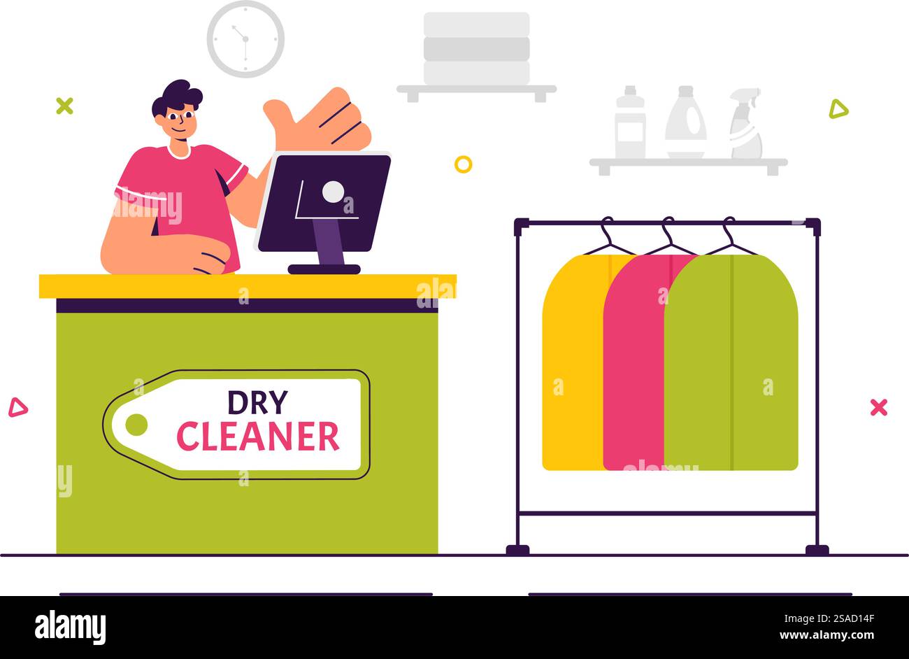 Illustrazione vettoriale del servizio di lavaggio a secco con lavatrici, asciugatrici e servizi di lavanderia per abbigliamento pulito e fresco sullo sfondo Illustrazione Vettoriale