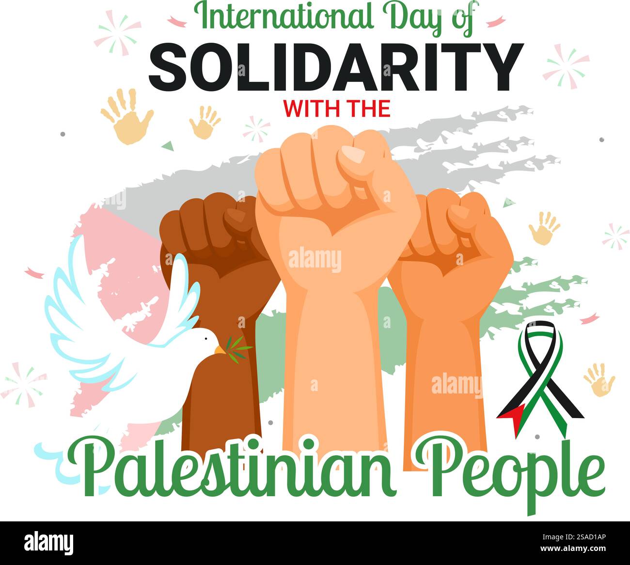 Giornata internazionale di solidarietà con il popolo palestinese illustrazione vettoriale il 29 novembre, con sullo sfondo la bandiera d'ondata della Palestina Illustrazione Vettoriale