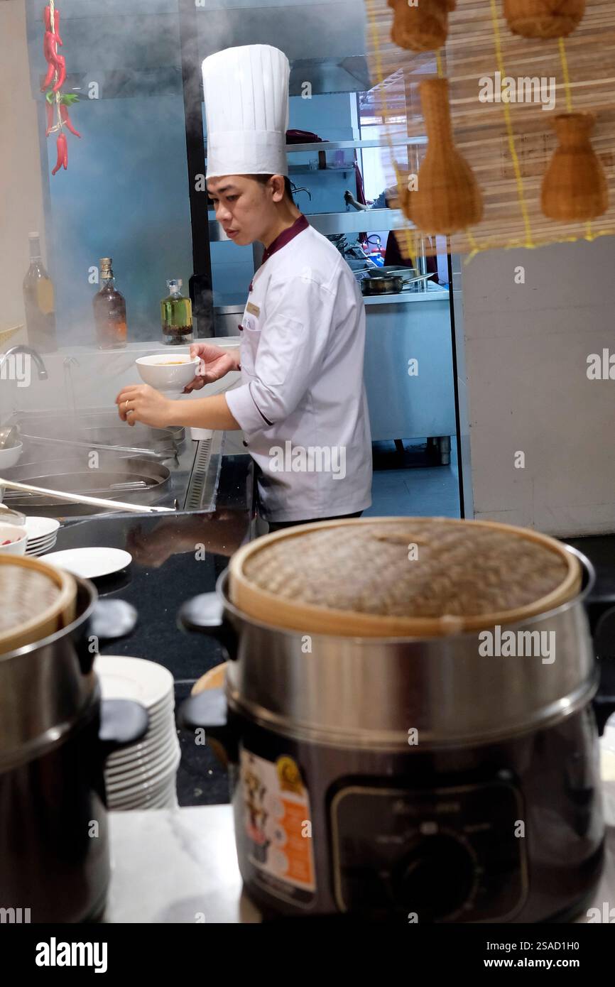 Chef che lavora in un ristorante gourmet. Tonalità. Vietnam. Foto Stock