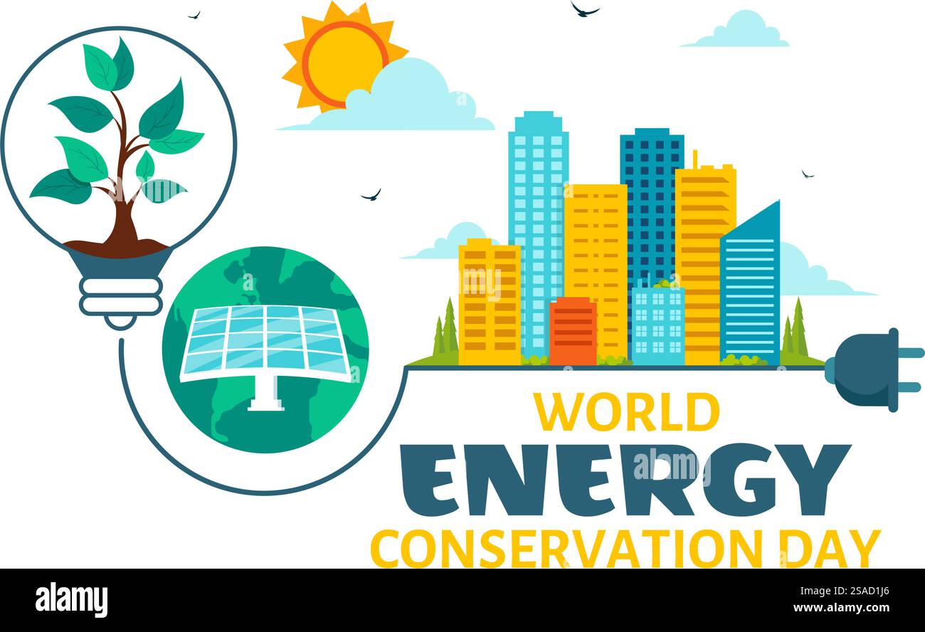 World Energy Conservation Day illustrazione vettoriale l'importanza di salvare il pianeta con una lampada e una Terra ecocompatibili Illustrazione Vettoriale