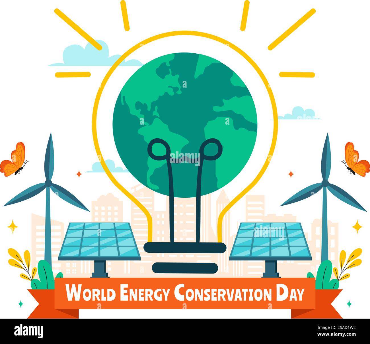 World Energy Conservation Day illustrazione vettoriale l'importanza di salvare il pianeta con una lampada e una Terra ecocompatibili Illustrazione Vettoriale