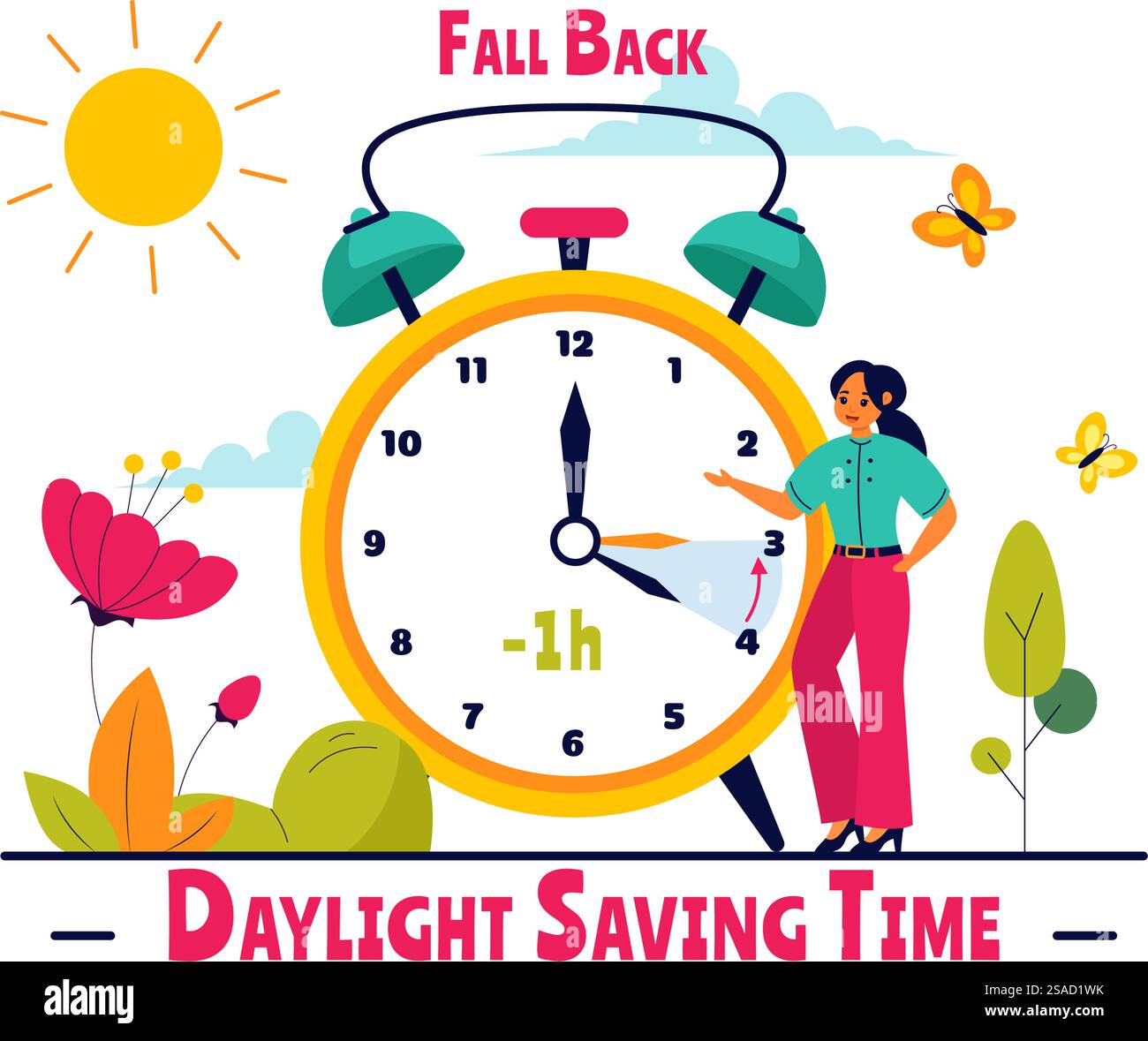 Illustrazione vettoriale ora legale con sveglia e calendario che passano dall'estate all'autunno in un design di sfondo a fumetti in stile piatto Illustrazione Vettoriale