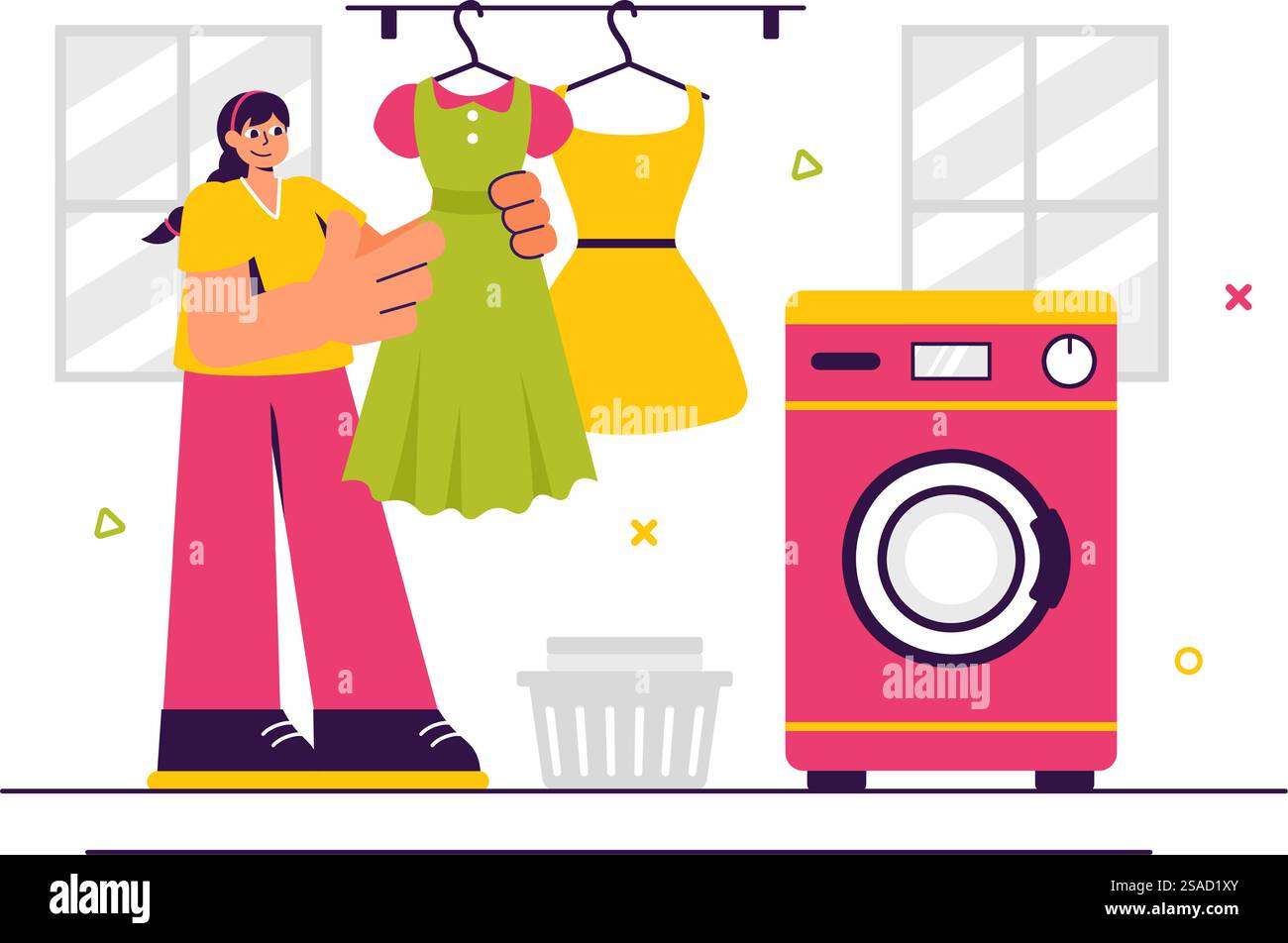Illustrazione vettoriale del servizio di lavaggio a secco con lavatrici, asciugatrici e servizi di lavanderia per abbigliamento pulito e fresco sullo sfondo Illustrazione Vettoriale