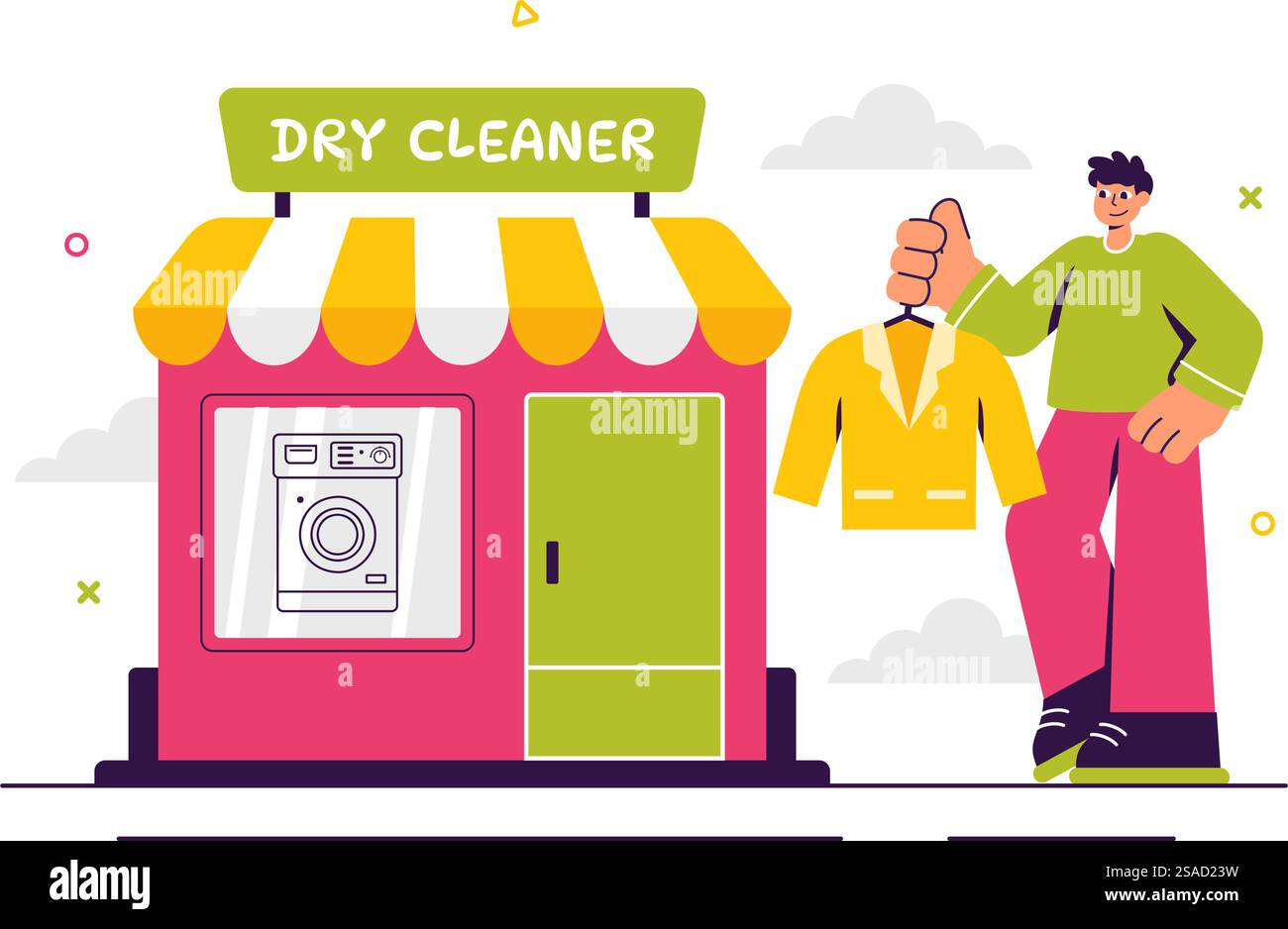 Illustrazione vettoriale del servizio di lavaggio a secco con lavatrici, asciugatrici e servizi di lavanderia per abbigliamento pulito e fresco sullo sfondo Illustrazione Vettoriale