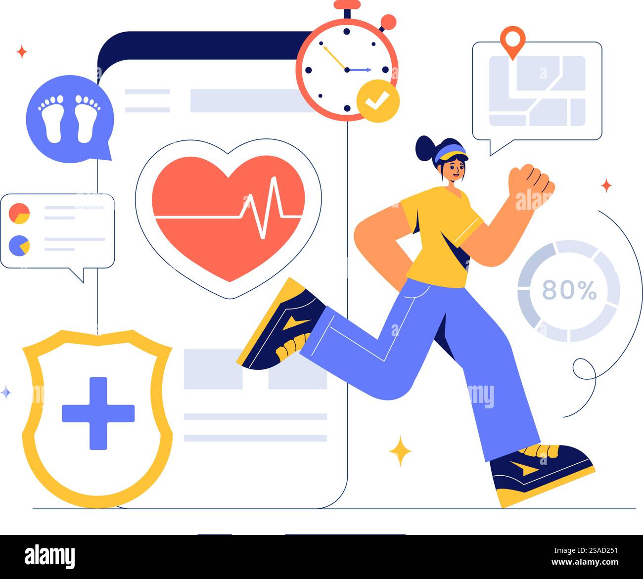 Illustrazione del vettore della tecnologia sanitaria che presenta i moderni dispositivi ad alta tecnologia utilizzati nella vita di tutti i giorni per monitorare le condizioni di salute in uno sfondo piatto Illustrazione Vettoriale