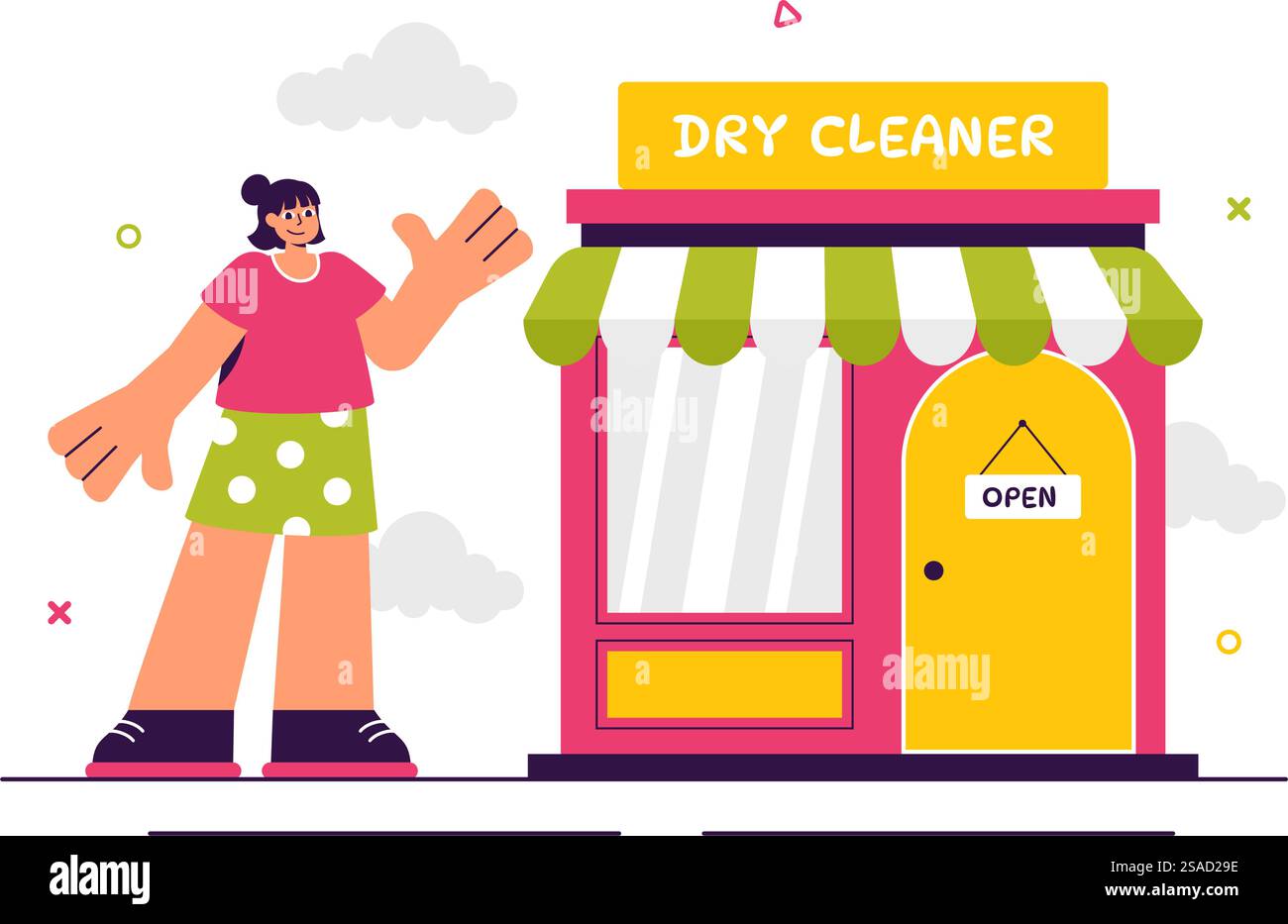 Illustrazione vettoriale del servizio di lavaggio a secco con lavatrici, asciugatrici e servizi di lavanderia per abbigliamento pulito e fresco sullo sfondo Illustrazione Vettoriale