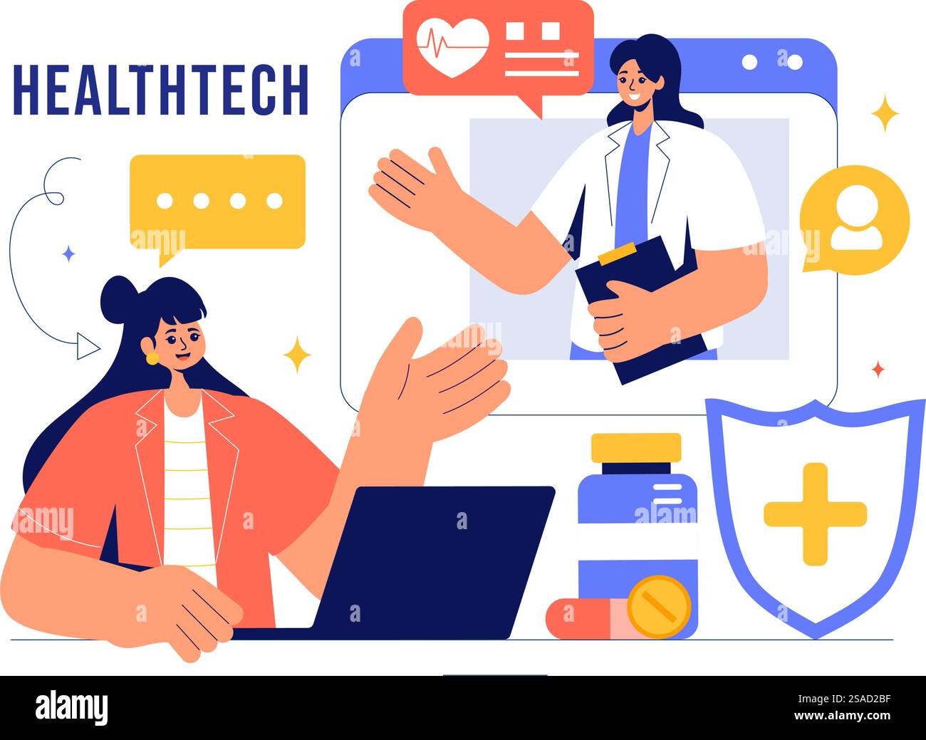 Illustrazione del vettore della tecnologia sanitaria che presenta i moderni dispositivi ad alta tecnologia utilizzati nella vita di tutti i giorni per monitorare le condizioni di salute in uno sfondo piatto Illustrazione Vettoriale