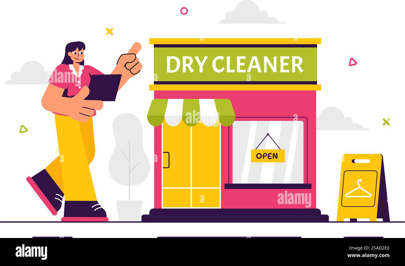 Illustrazione vettoriale del servizio di lavaggio a secco con lavatrici, asciugatrici e servizi di lavanderia per abbigliamento pulito e fresco sullo sfondo Illustrazione Vettoriale