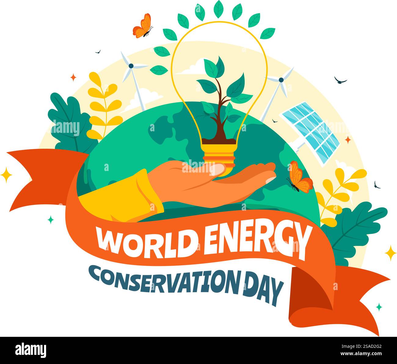 World Energy Conservation Day illustrazione vettoriale l'importanza di salvare il pianeta con una lampada e una Terra ecocompatibili Illustrazione Vettoriale