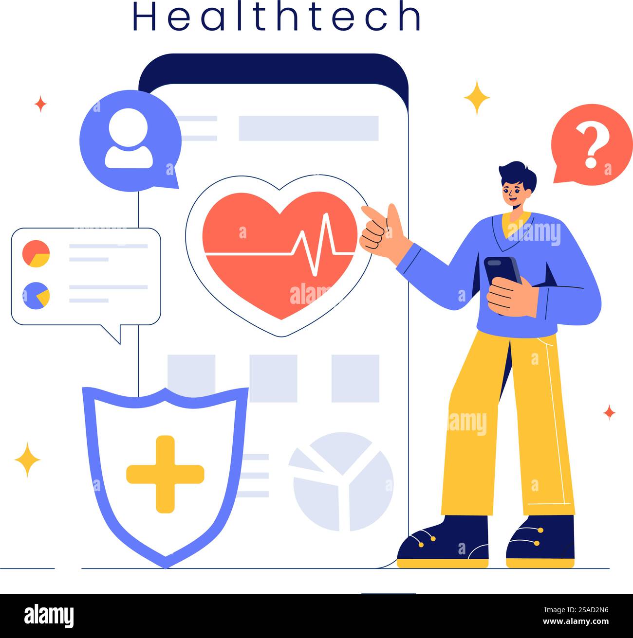 Illustrazione del vettore della tecnologia sanitaria che presenta i moderni dispositivi ad alta tecnologia utilizzati nella vita di tutti i giorni per monitorare le condizioni di salute in uno sfondo piatto Illustrazione Vettoriale