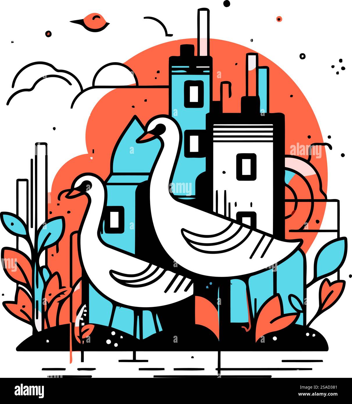 Illustrazione vettoriale della città moderna con i cigni. Stile line art. Illustrazione Vettoriale
