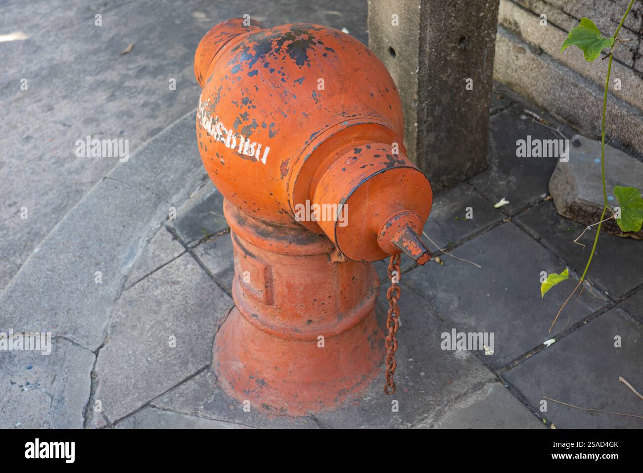 Un idrante fuoco arancione con vernice usurata. Ideale per servizi di sicurezza urbana, servizi di emergenza e infrastrutture pubbliche. Foto Stock