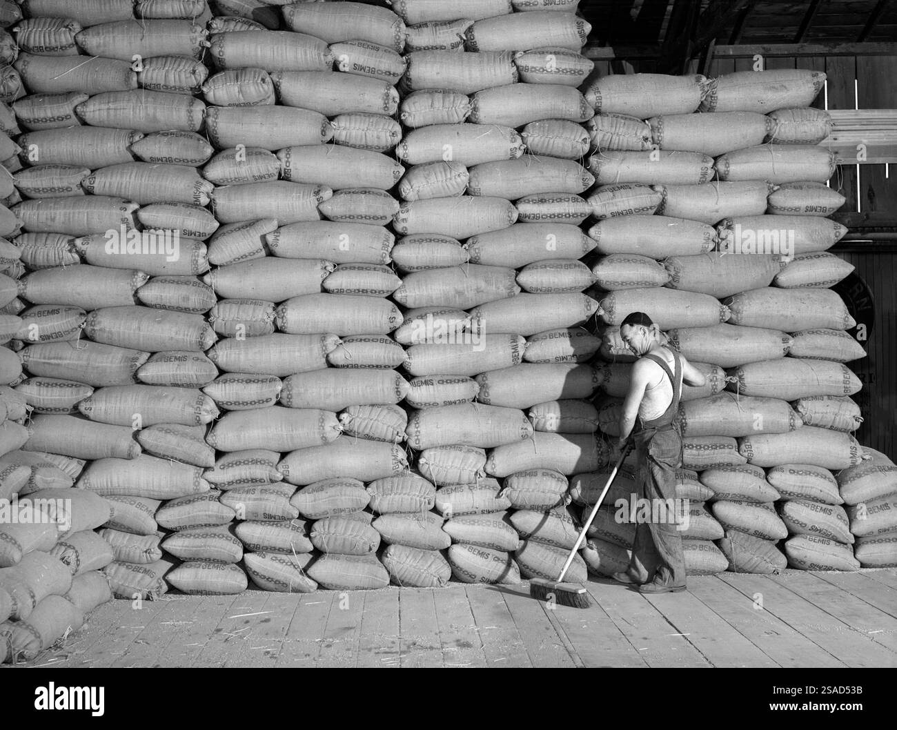 Uomo che spazza il pavimento vicino a sacchi di grano impilati nel magazzino, Walla Walla County, Washington, USA, Russell Lee, U.S. Farm Security Administration, luglio 1941 Foto Stock