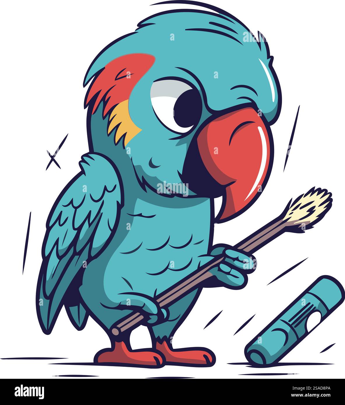Carino pappagallo con un pennello. Illustrazione vettoriale in stile cartone animato. Illustrazione Vettoriale
