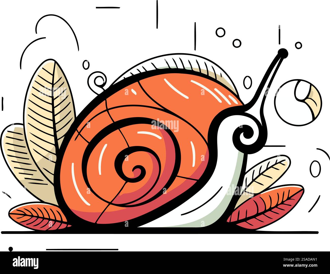 Lumaca e foglie. Illustrazione vettoriale in uno stile lineare piatto. Illustrazione Vettoriale