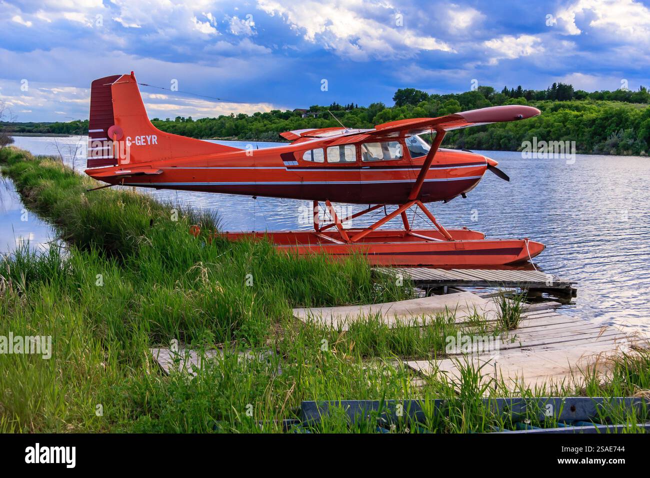 Un aereo rosso è seduto su un'area erbosa accanto a un corpo d'acqua. Il piano è etichettato L-4Y Foto Stock