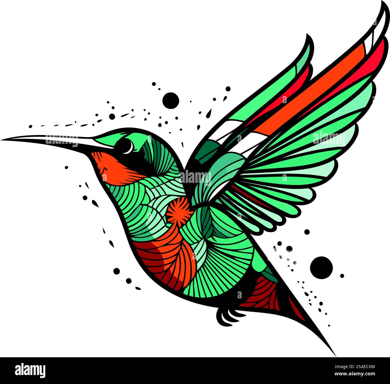 Colibrì colorati con ali ornamentali. Illustrazione vettoriale disegnata a mano. Illustrazione Vettoriale