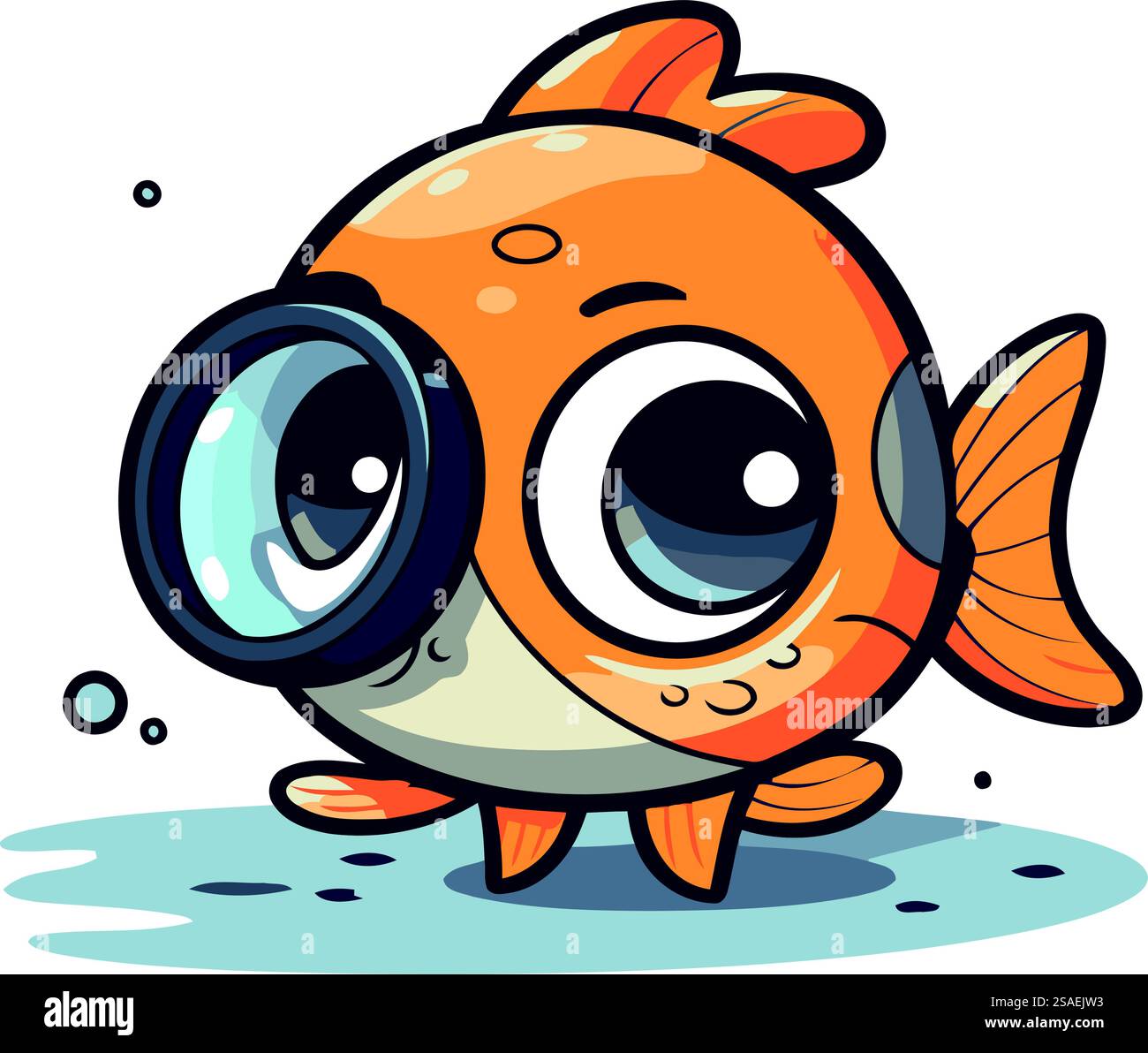 Grazioso pesce rosso cartoni animati con lente d'ingrandimento. Illustrazione vettoriale. Illustrazione Vettoriale