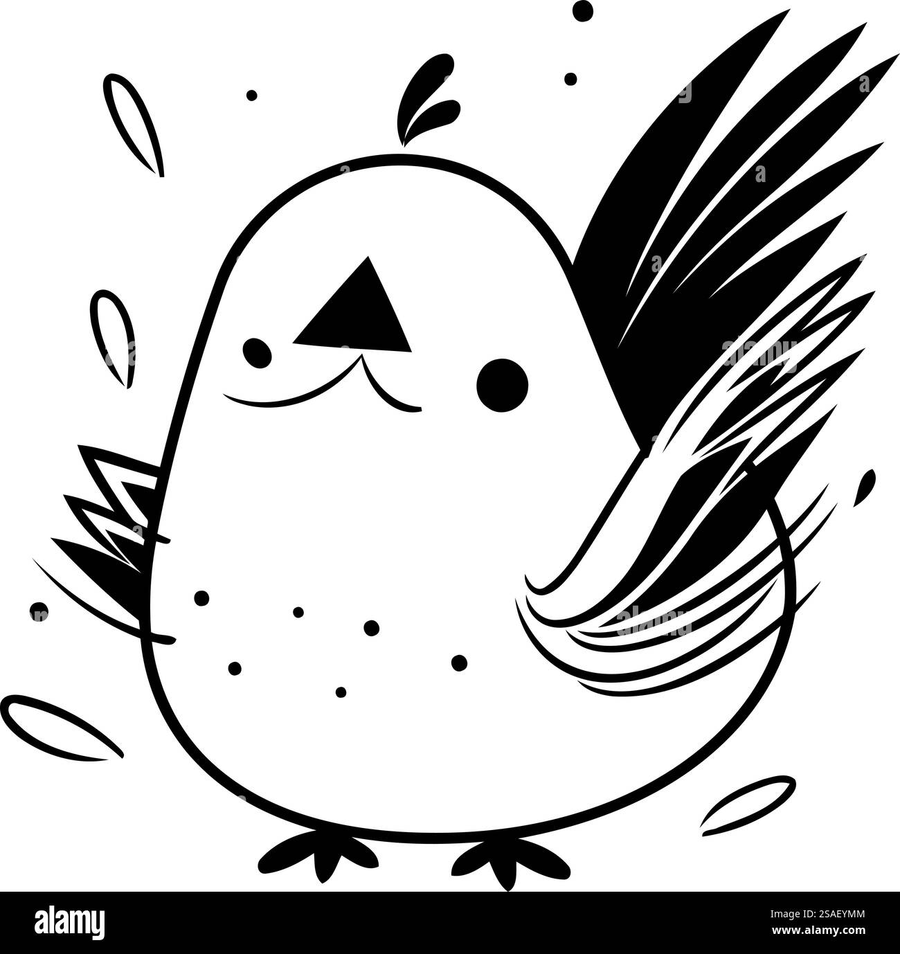 Illustrazione vettoriale in bianco e nero di un grazioso uccellino con ali. Illustrazione Vettoriale