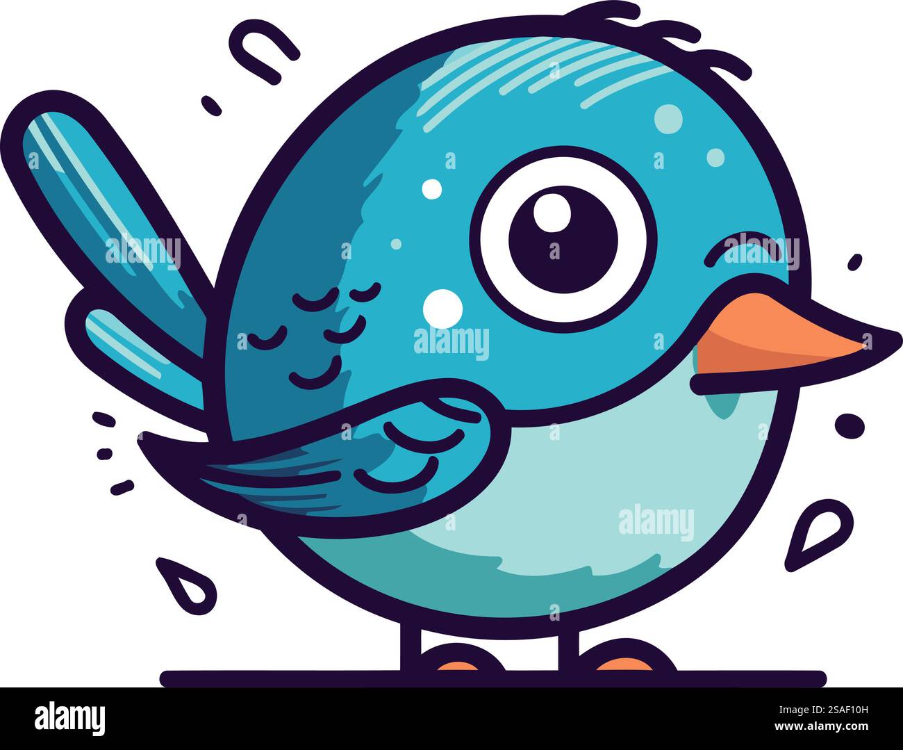 Carino uccello blu dei cartoni animati con faccia divertente. Illustrazione vettoriale isolata su sfondo bianco. Illustrazione Vettoriale