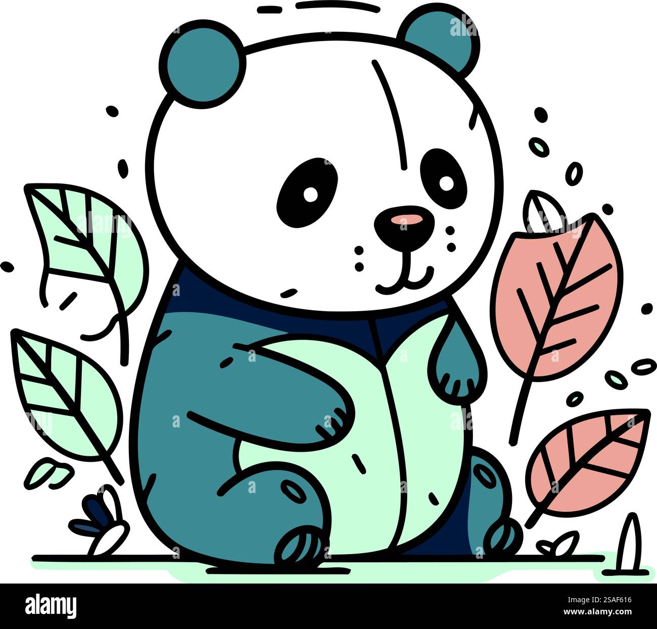 Grazioso panda seduto tra le foglie. Illustrazione vettoriale in stile lineare piatto. Illustrazione Vettoriale