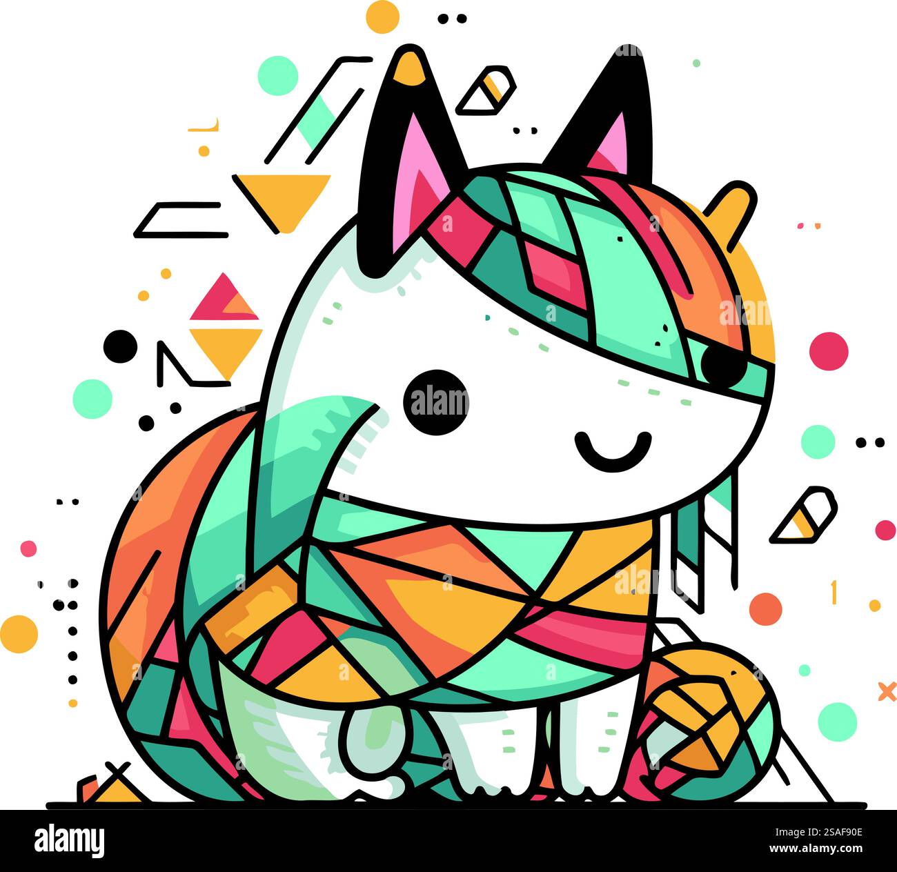 Simpatico unicorno a cartoni animati con motivo geometrico. Illustrazione vettoriale a colori. Illustrazione Vettoriale