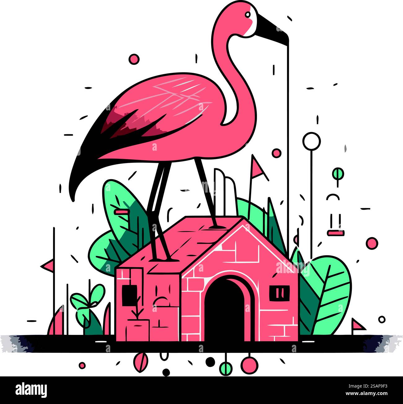 Flamingo sul tetto della casa. Illustrazione vettoriale. Illustrazione Vettoriale