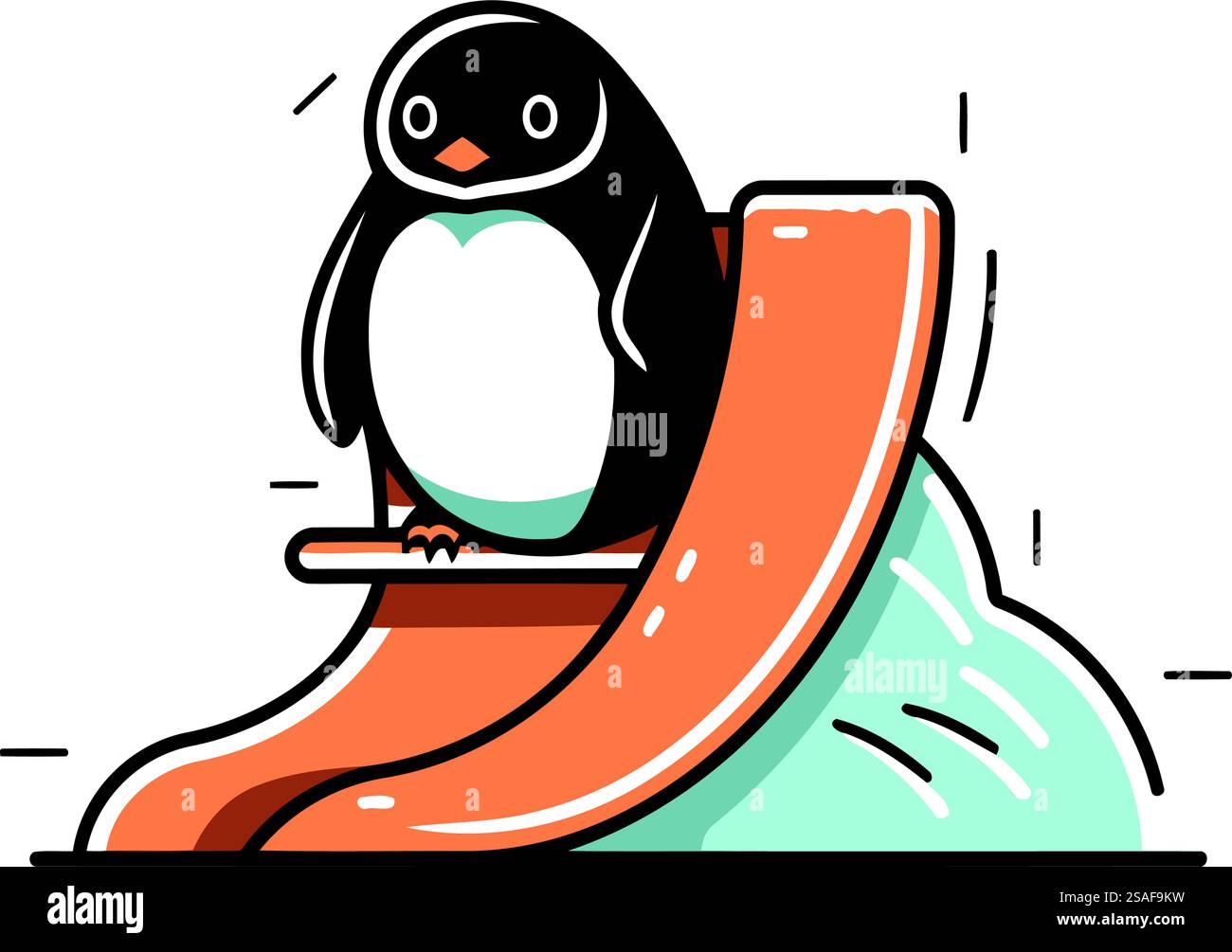 Pinguino su uno scivolo. Illustrazione vettoriale in stile piatto. Illustrazione Vettoriale