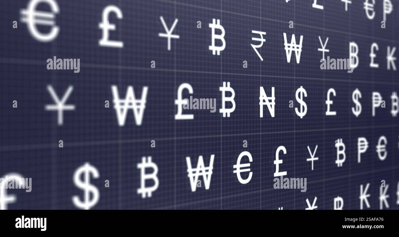 Immagine dei simboli di valuta su sfondo nero Foto Stock