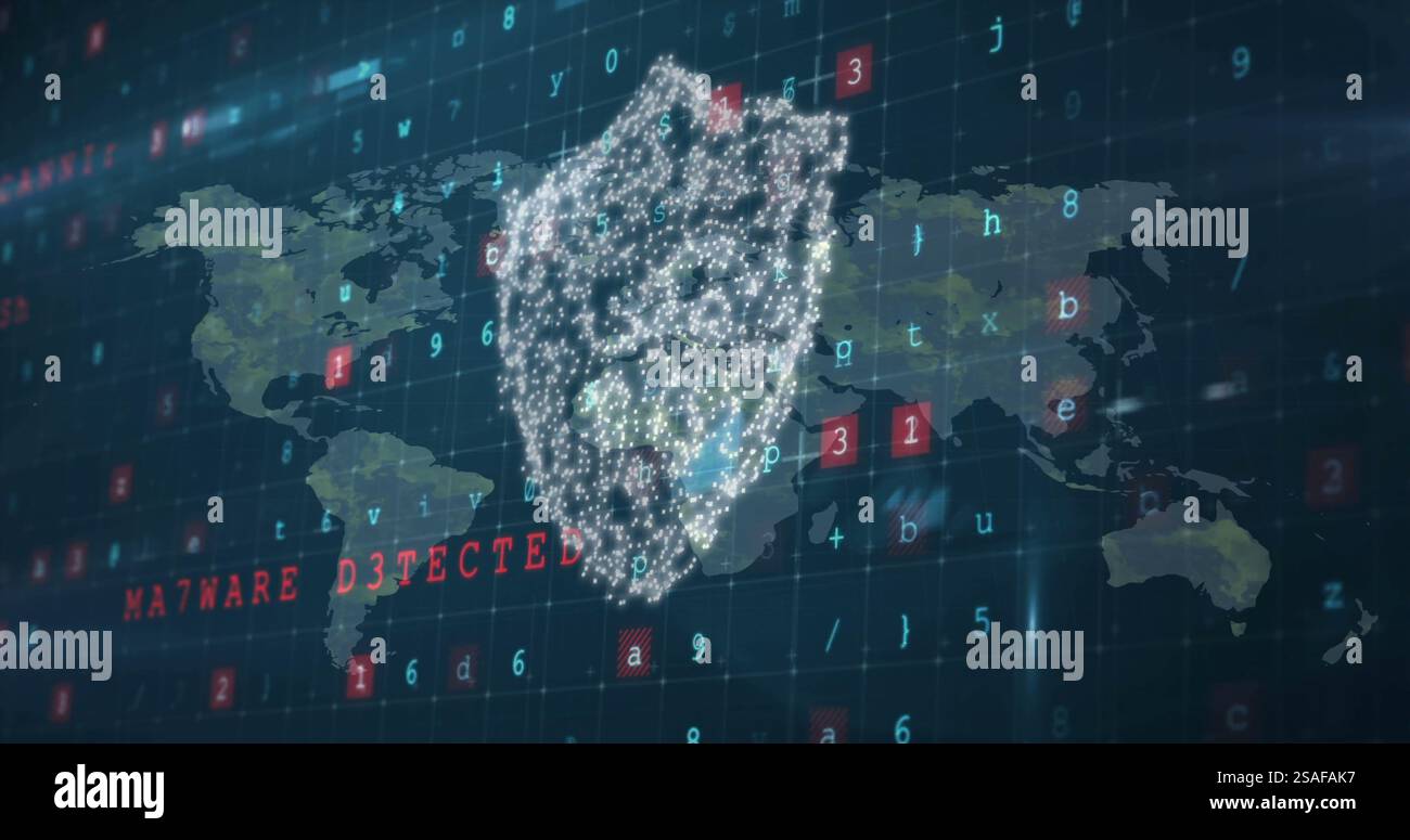 Immagine dello scudo, elaborazione dei dati digitali e mappa del mondo su sfondo scuro Foto Stock