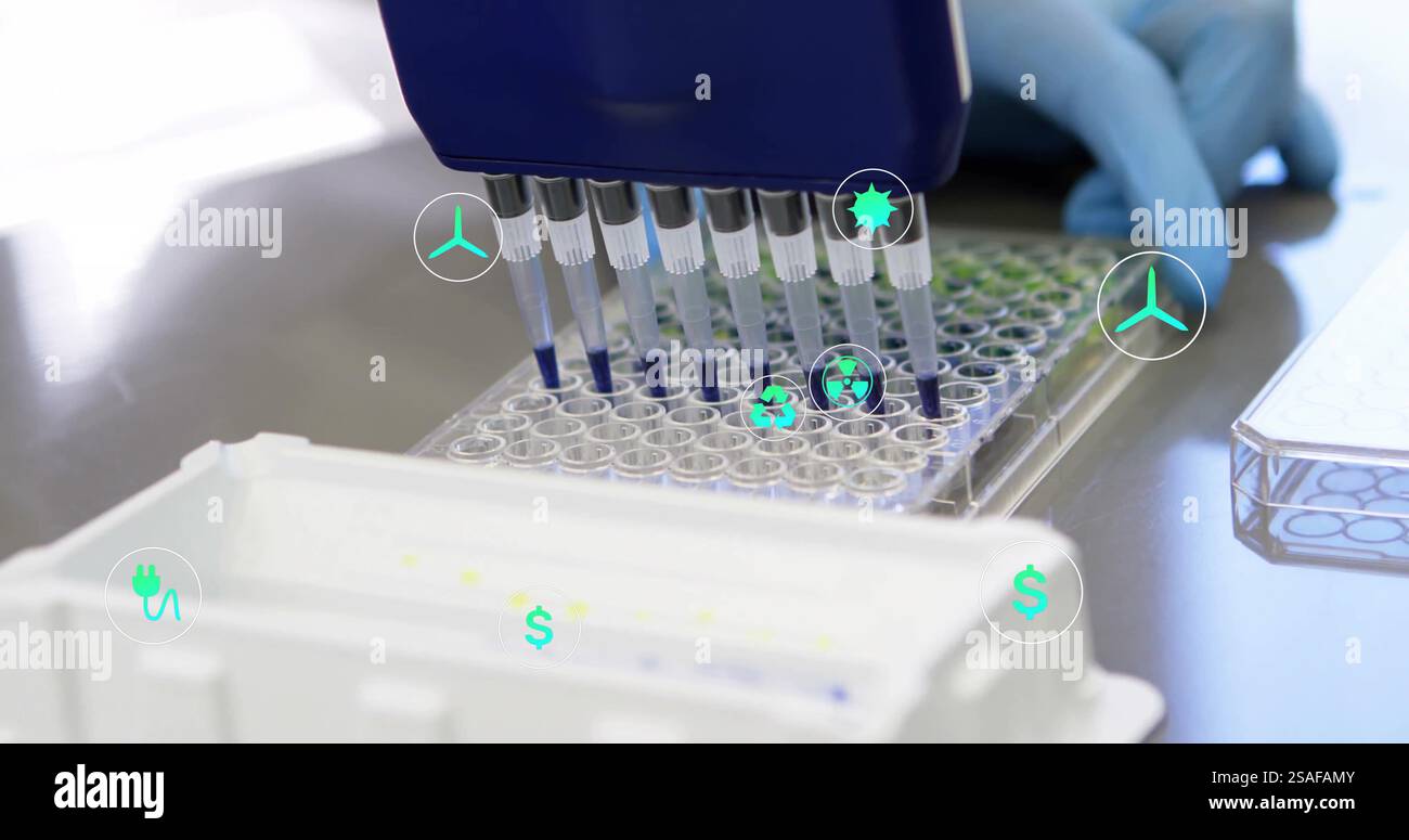Immagine delle icone ecologiche e dell'elaborazione dei dati rispetto allo scienziato in laboratorio Foto Stock