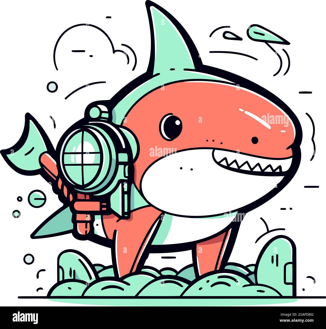 Simpatico squalo da cartoni animati con una macchina fotografica e una maschera subacquea. Illustrazione vettoriale. Illustrazione Vettoriale