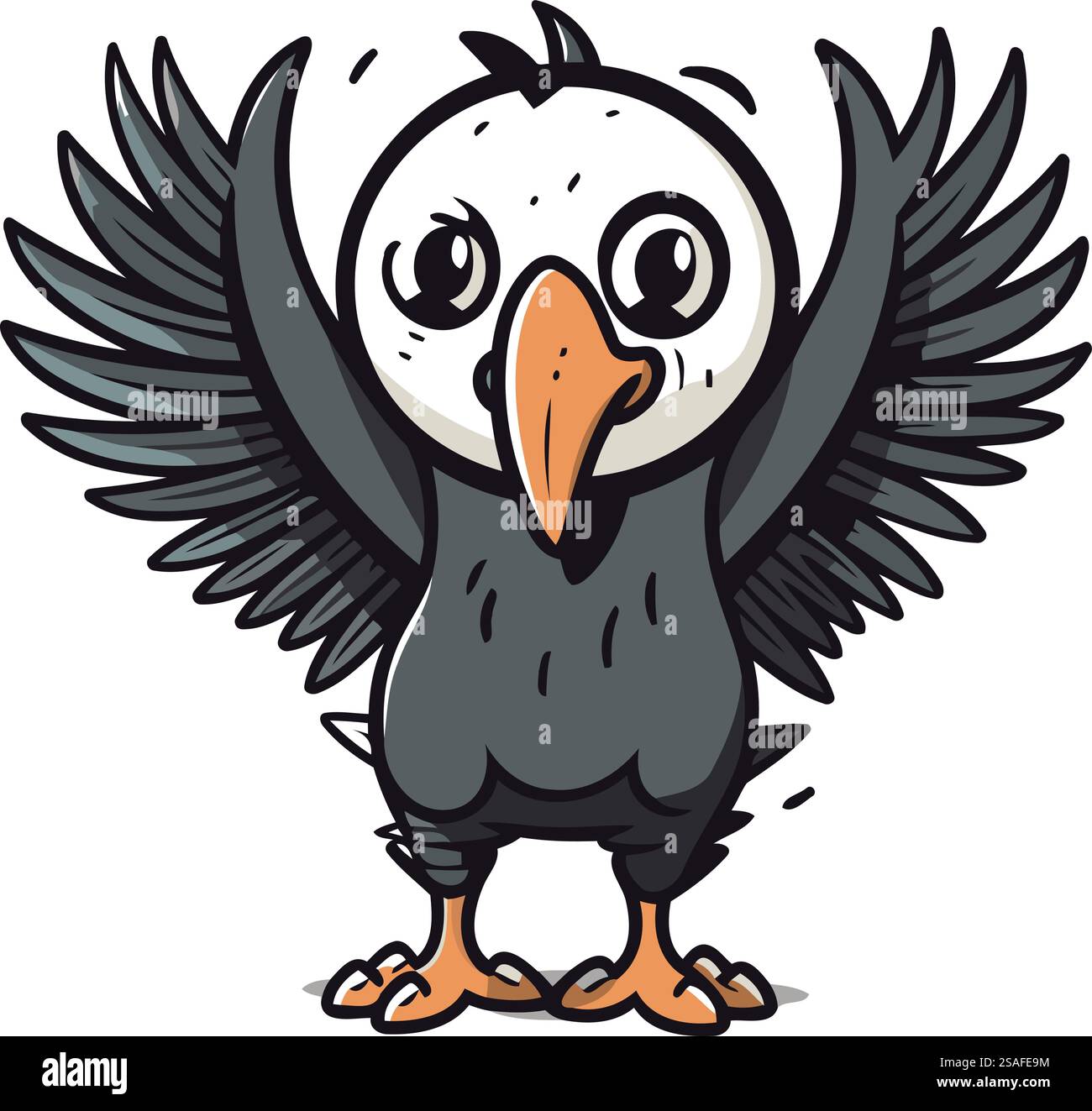 Simpatico disegno vettoriale di un corvo bianco e nero con ali Illustrazione Vettoriale