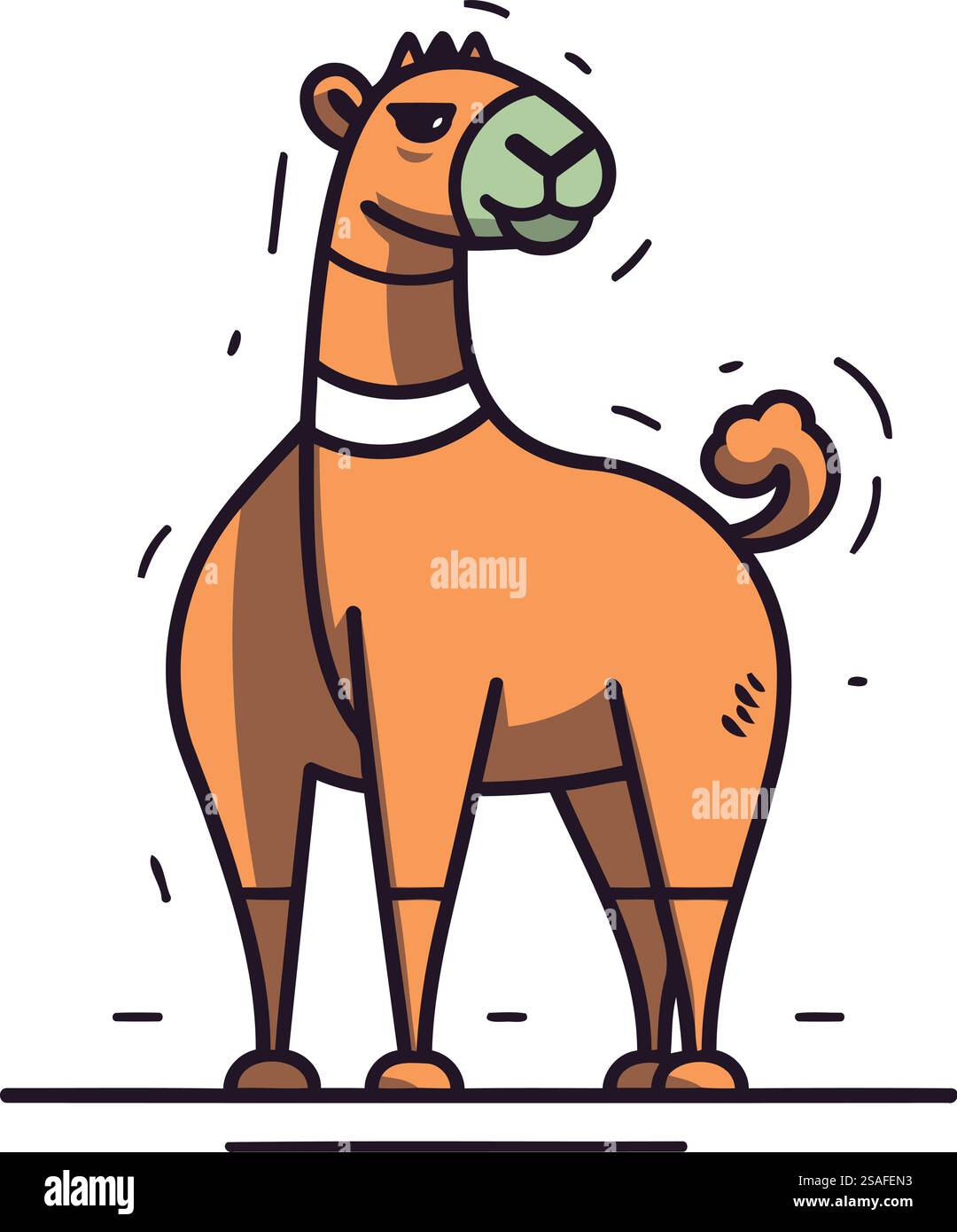 Carino disegno vettoriale piatto a cammello. Personaggio animale da cartoni animati in piedi sulle gambe posteriori. Illustrazione Vettoriale