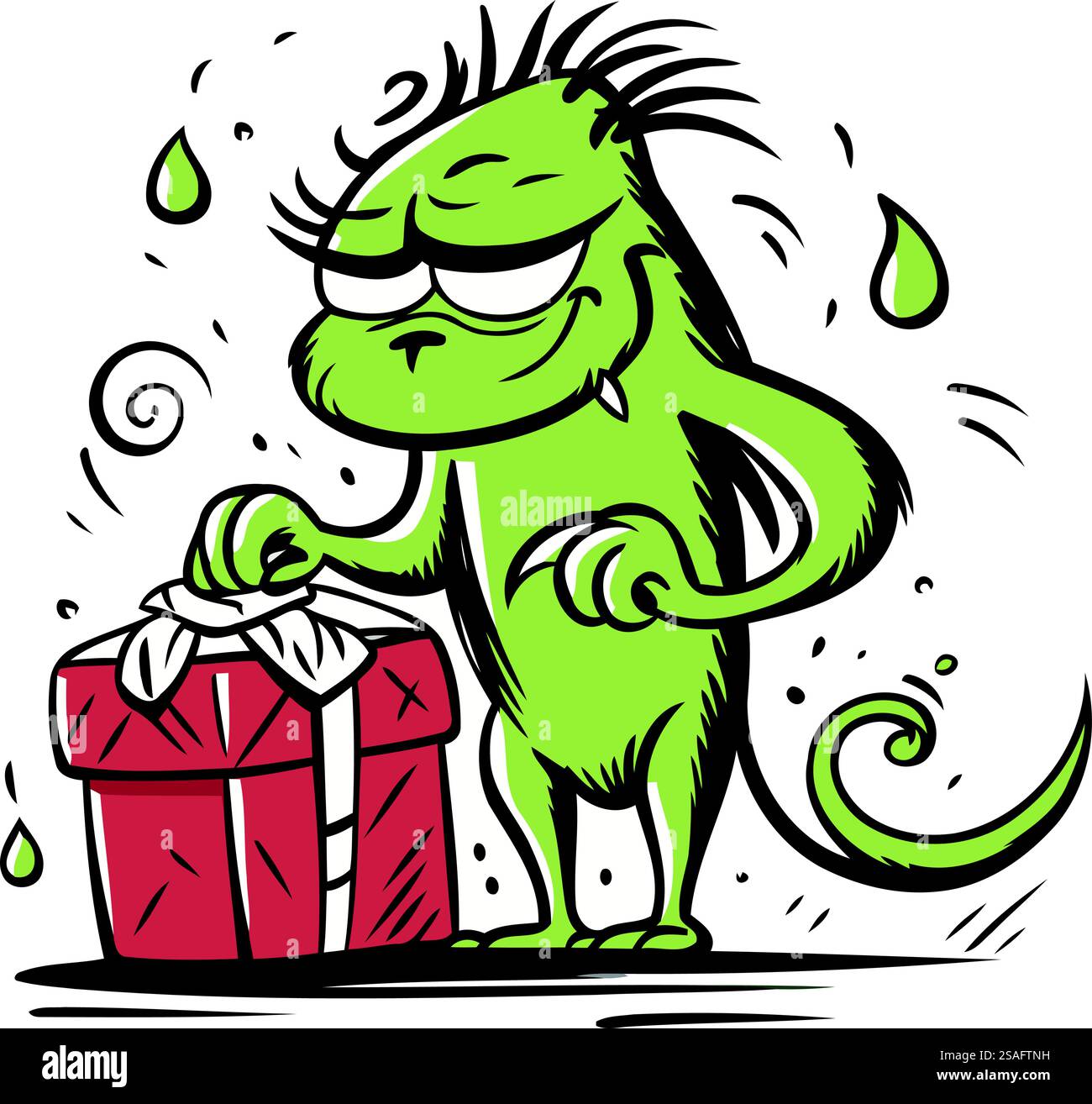 Iguana verde cartoni animati con confezione regalo. Illustrazione vettoriale. Illustrazione Vettoriale