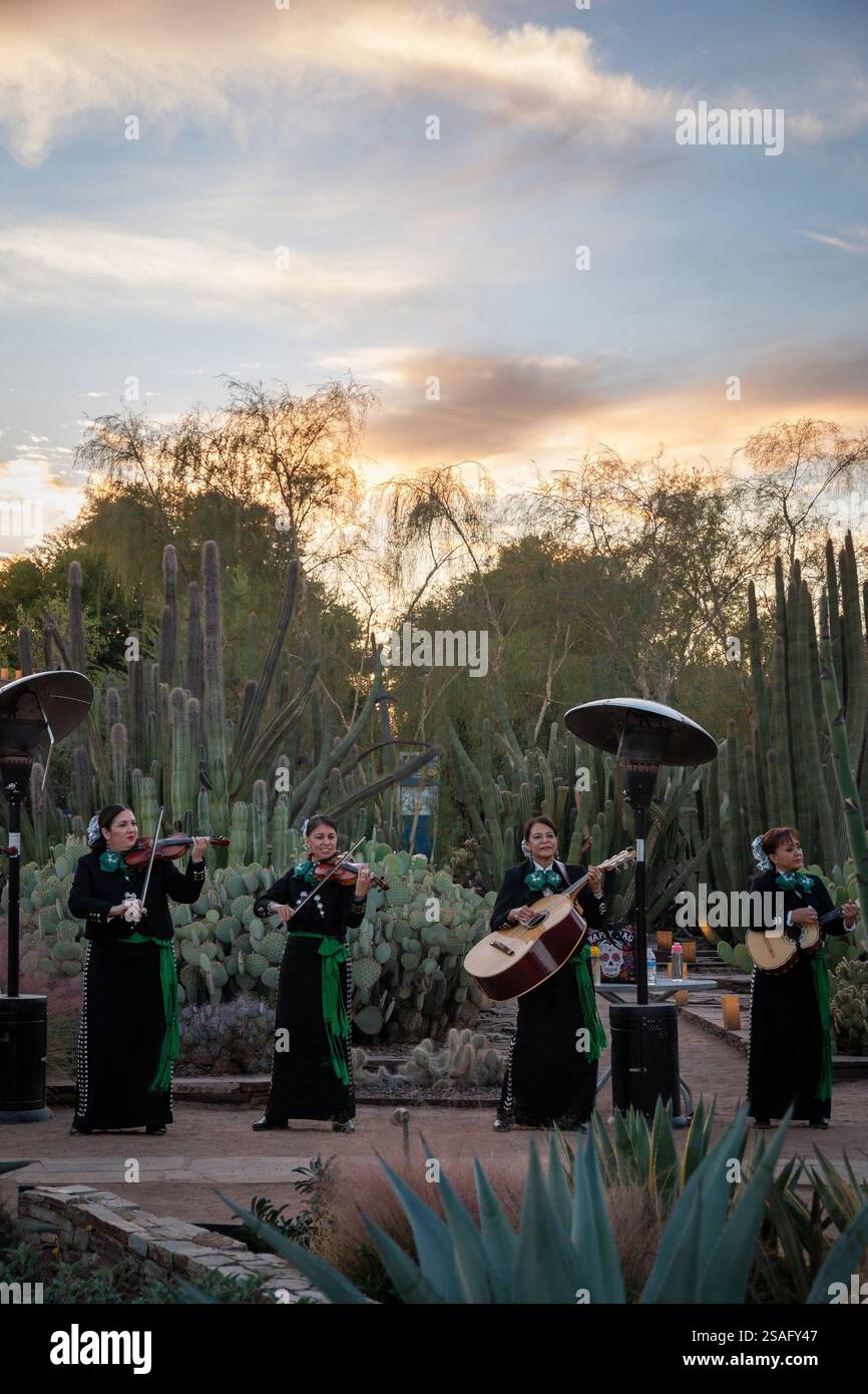 Gli artisti Mariachi suonano al tramonto durante l'evento di vacanza Las Noches de las Luminarias al Desert Botanical Garden di Phoenix, Arizona. Foto Stock