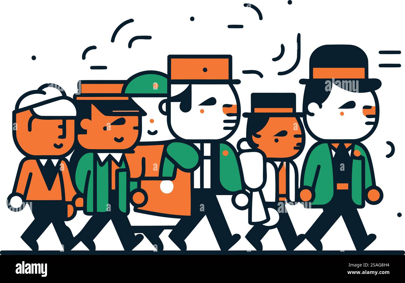 Illustrazione vettoriale di lavoratori che camminano in una linea. Design line art. Illustrazione Vettoriale