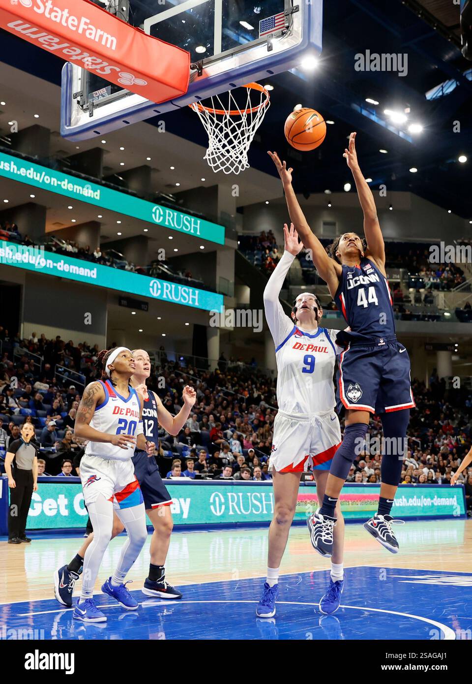 Aubrey Griffin (44) di UConn afferra il rimbalzo contro Meg Newman di DePaul (9) durante una partita di basket femminile della NCAA Division i tra UConn e DePaul mercoledì 29 gennaio 2025 alla Wintrust Arena di Chicago, Illinois, USA. Crediti: Tony Gadomski / All Sport Imaging / Alamy Live News Foto Stock