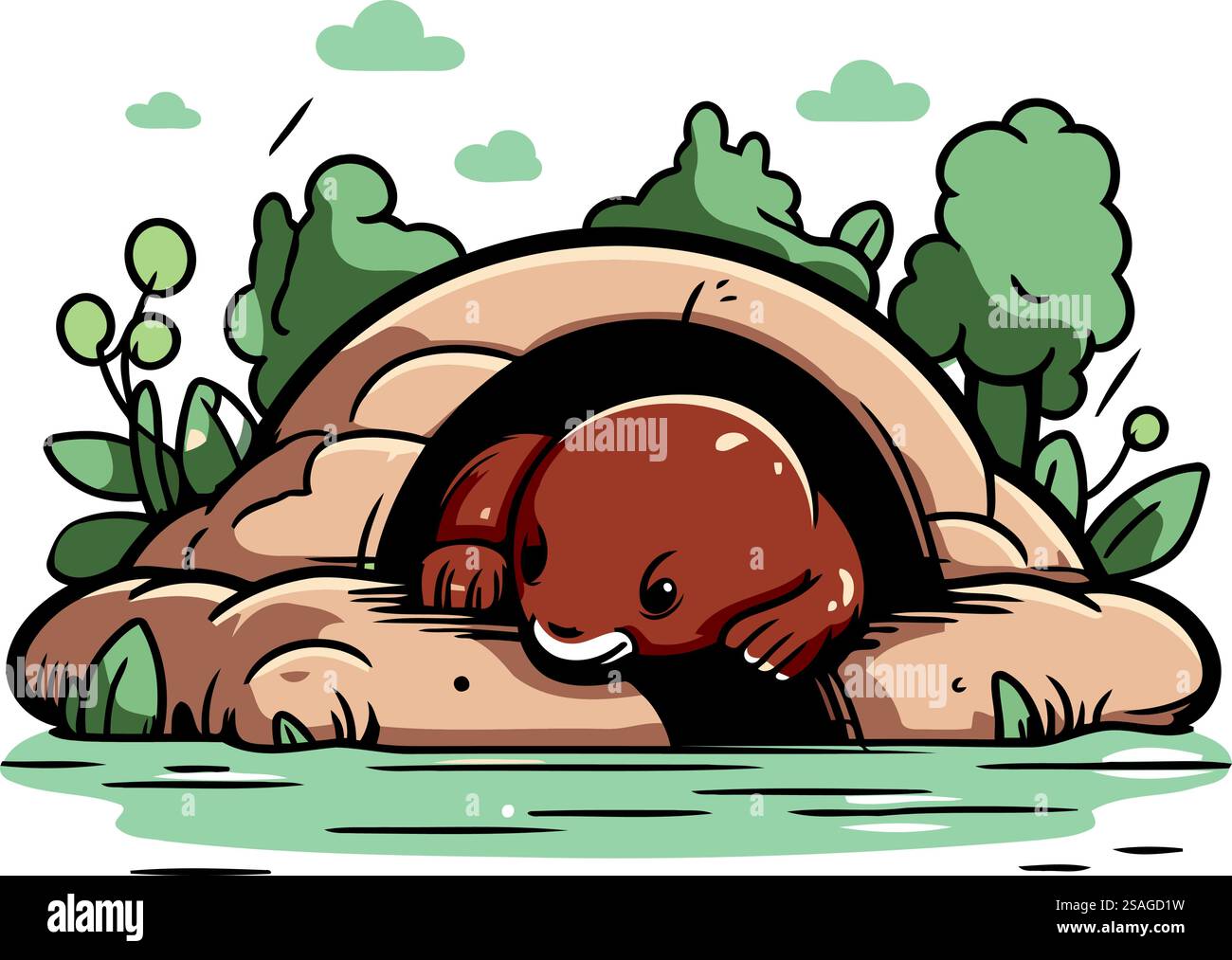 Carino cartone animato piccolo orso bruno che dorme in una grotta. Illustrazione vettoriale. Illustrazione Vettoriale