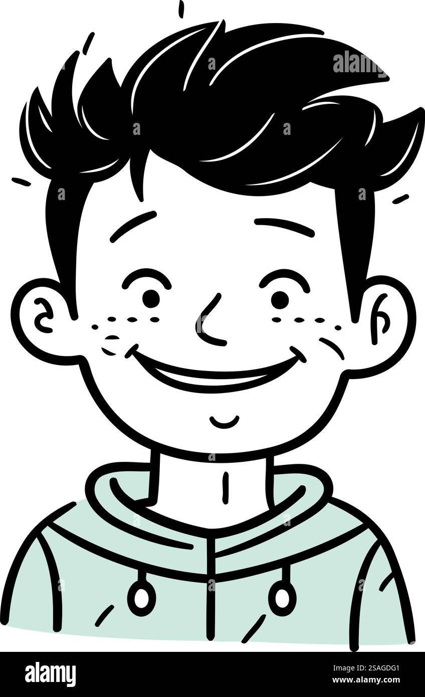 Illustrazione vettoriale di un ragazzo con un sorriso in faccia. Stile disegnato a mano. Illustrazione Vettoriale