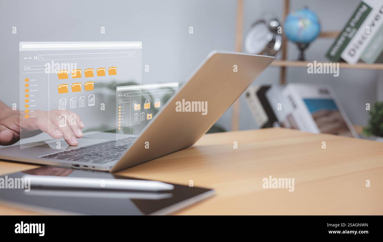 File di gestione dei documenti database digitale ricerca online informazioni aziendali su Internet cloud e computer in ufficio, file di documento elettronico st Foto Stock