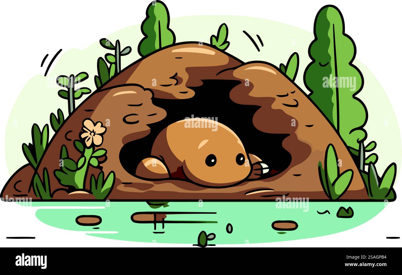Carino orso doodle dei cartoni animati nella grotta. Illustrazione vettoriale. Illustrazione Vettoriale