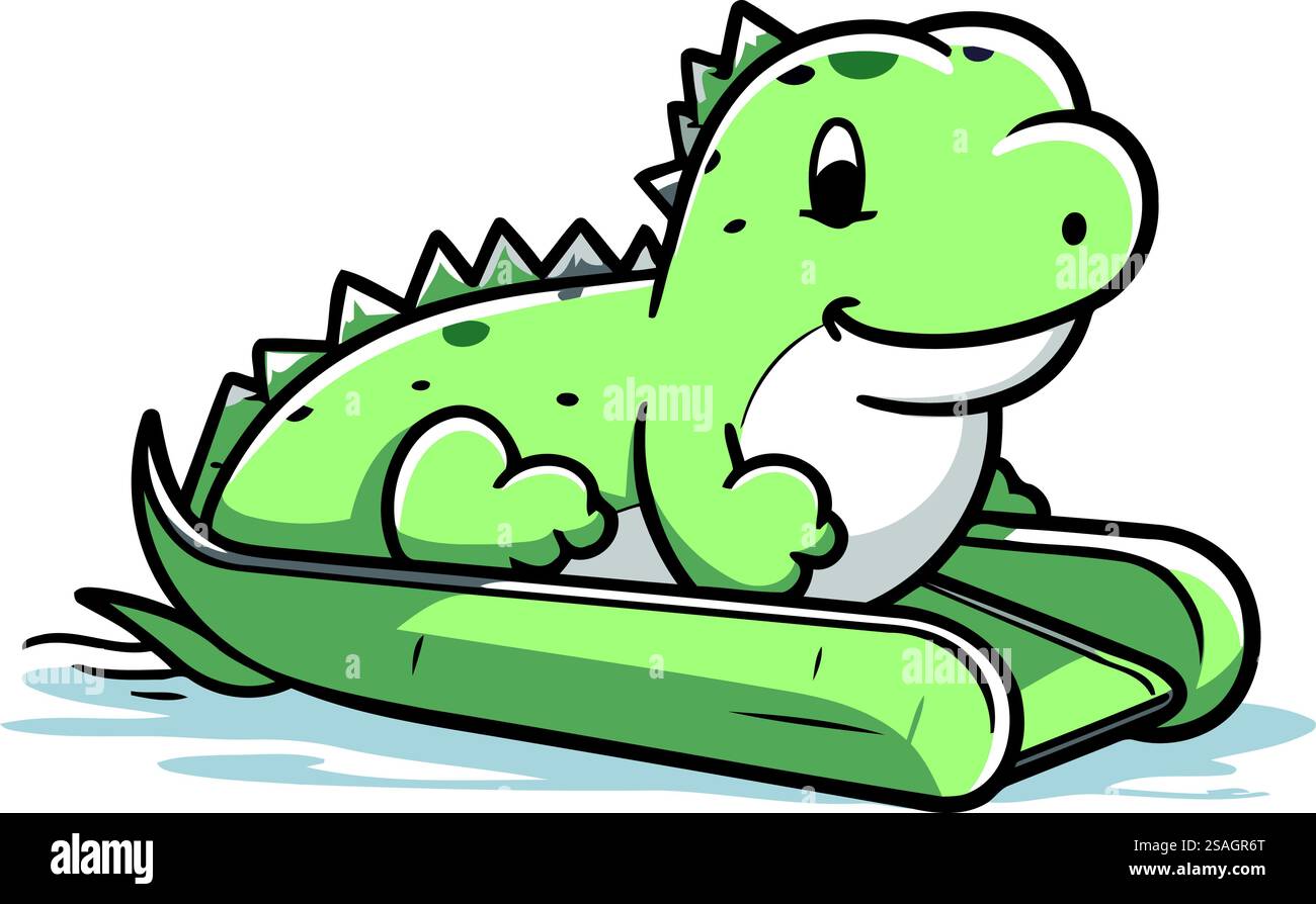 Graziosa iguana verde sdraiata su una zattera. Illustrazione vettoriale. Illustrazione Vettoriale