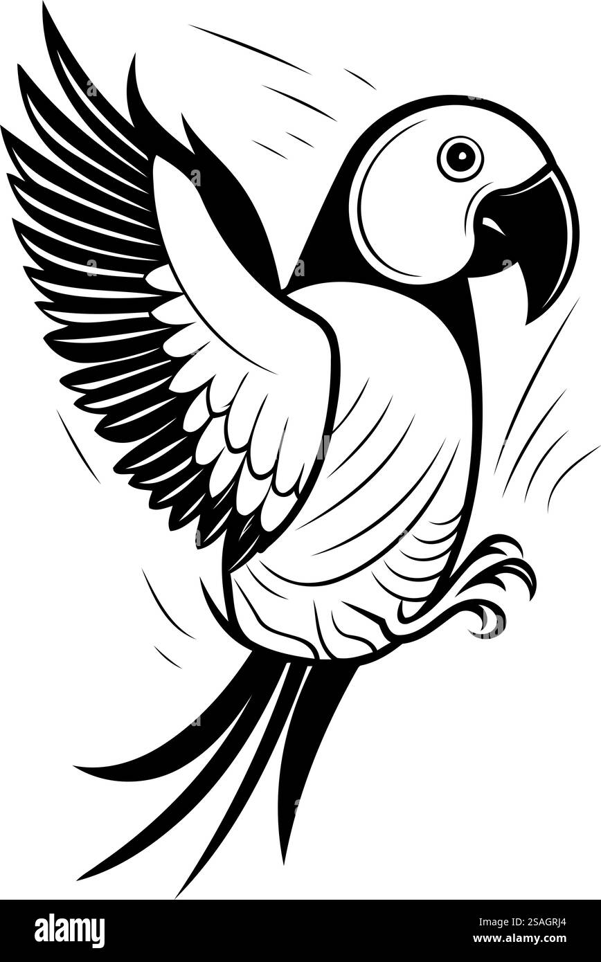 Pappagallo con ali isolate su sfondo bianco. Illustrazione vettoriale. Illustrazione Vettoriale