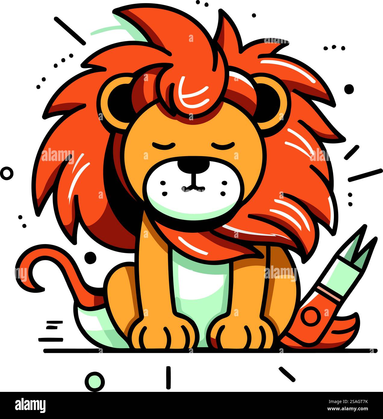 Leone carino con pennello. Illustrazione vettoriale in stile cartone animato. Illustrazione Vettoriale